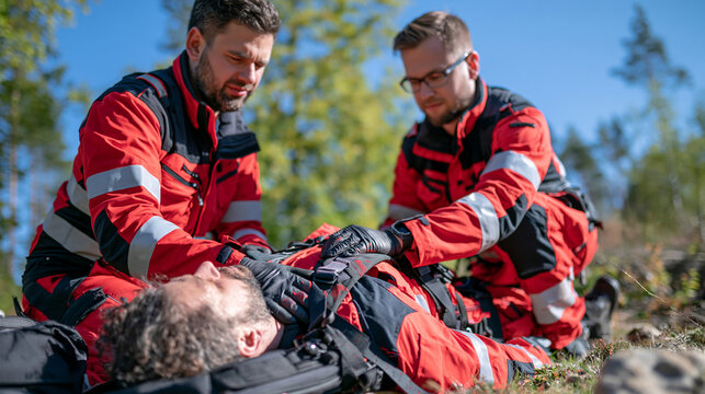 Paramedics performing spinal immobilization on an injured person during a wilderness emergency response, patient secured firmly to a spine board while rescuers carefully check straps and head stabil