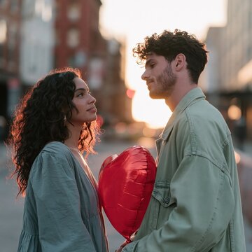 Young couple holding a red heart balloon on a city street at sunset for romantic valentine banner and love background