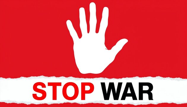 White open hand palm silhouette with stop war text on red paper background.