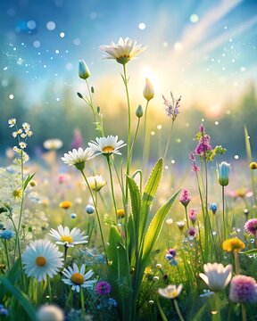 Beautiful wild daisy flowers blooming in a sunny meadow during spring