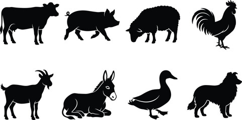 Fototapeta premium Set of black silhouettes of farm animals including cow, pig, sheep, and rooster