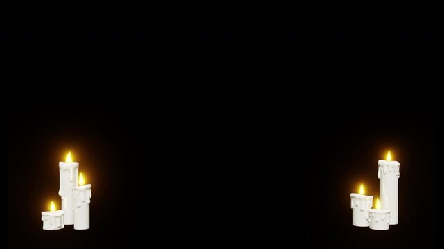White candles placed in the lower corners with wide copy space on a black background, ideal for titles, greetings, memorial themes, festive messages, or elegant visual compositions.