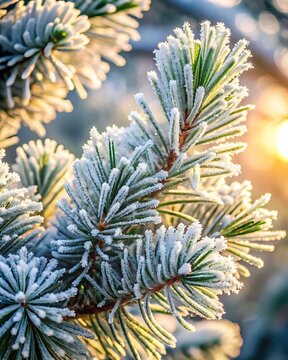 Close up of pine tree branches covered with white winter frost and backlit by warm golden sunset light
