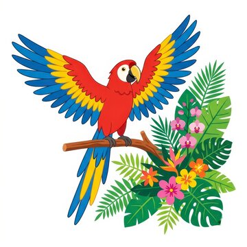 Colorful macaw parrot on branch with tropical flowers