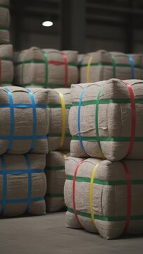 Stacked Burlap Bales Secured with Colorful Plastic Strapping