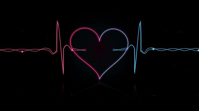 Neon Heartbeat Line Animation with Glowing Red and Blue EKG Waves on a Dark Black Background Loop