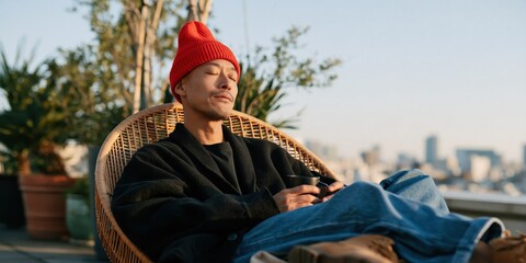 Fototapeta premium Relaxed man in red beanie on rooftop wicker chair holding mug for lifestyle background and banner design