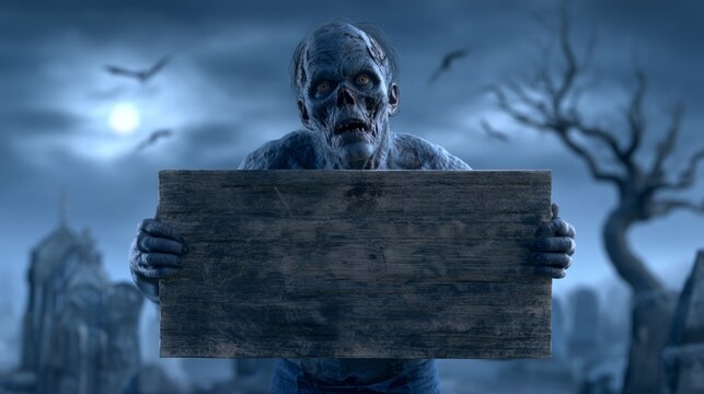 A zombie holding a blank wooden sign in a graveyard at night, with bats and the moon in the background.