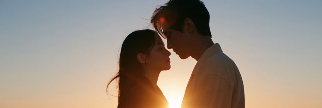 Romantic couple silhouette at sunset background with golden sunlight for romantic banner and wallpaper design