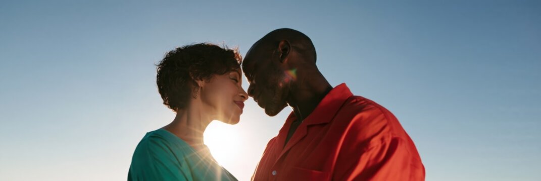 Intimate couple touching foreheads with sun flare and warm backlight for romantic portrait background and banner design