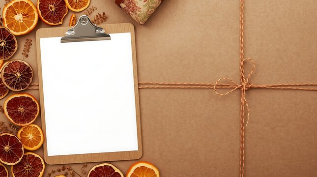 Blank White Clipboard on Brown Kraft Paper Background with Dried Orange Slices, Twine String, and Christmas Gift Box, Festive Holiday Planning Checklist Mockup for Seasonal Tasks and Yearly Goals