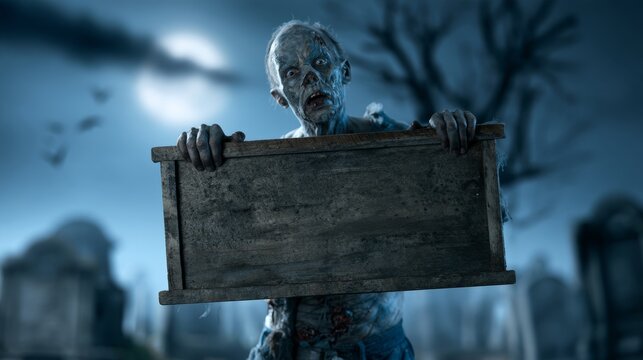 A zombie holding a blank wooden sign in a graveyard at night, with bats and the moon in the background.