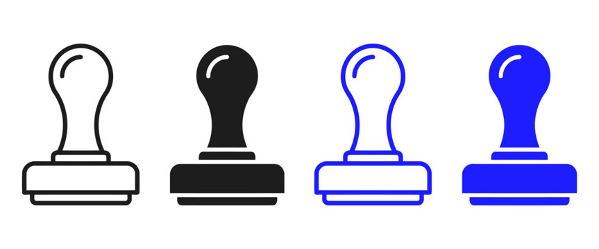 Rubber stamp icon set in outline and solid styles, black and blue office stamper vector illustrations, 4 professional seal tools for business