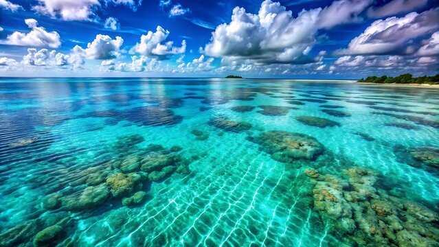 Stunning tropical landscape with crystal clear turquoise ocean water and coral reefs under a beautiful blue sky