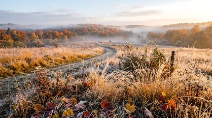 Obraz premium Serene Foggy Sunrise Over Frosty Autumn Meadow and Winding Country Road
