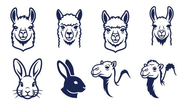 Animal vector set with llamas, rabbits and camels head silhouettes and line art illustrations