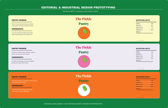 Editorial and industrial prototyping sheet for the pickle pantry artisanal food product labels featuring three distinct color-coded sections with ingredient lists and nutrition facts tables