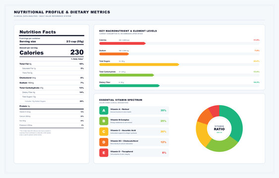 Nutritional profile and dietary metrics dashboard featuring a standard nutrition facts label, macronutrient bar charts, essential vitamin spectrum list, and a circular vitamin ratio data visualization
