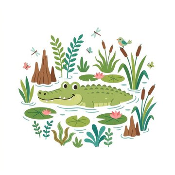 Cute cartoon alligator in swamp marsh wildlife vector