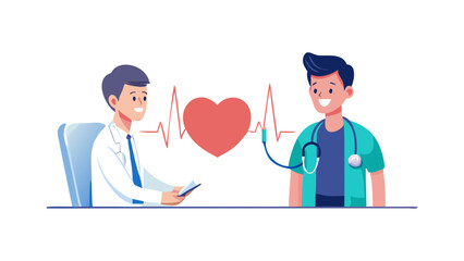 Fototapeta premium Medical professional doctor and nurse assessing heart health with stethoscope and heartbeat icon for cardiology healthcare services and medical checkup illustration