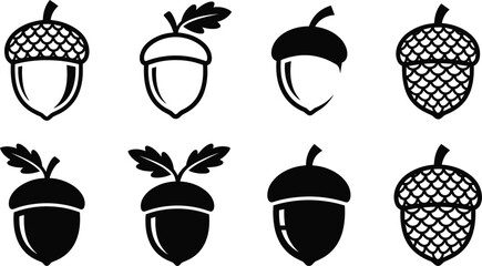 Oak acorn nut black vector icon set with oak leaves for autumn nature and forestry decoration © MSTSABINA