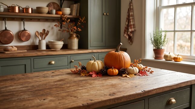Rustic Kitchen Interior with Autumn Pumpkins Pinecones and Fall Leaves on Wooden Countertop Farmhouse Home Decor for Thanksgiving Celebration Background