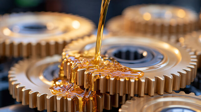 Extreme close-up of interlocking brass and golden mechanical gears with viscous lubricant flowing across their teeth, precise tolerances and finely machined surfaces visible, futuristic industrial e