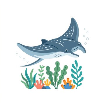 Cute manta ray swimming underwater illustration
