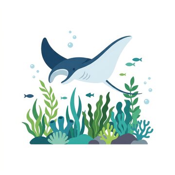 Manta ray swimming underwater with seaweed