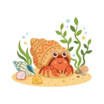 Cute hermit crab with seashell underwater vector illustration