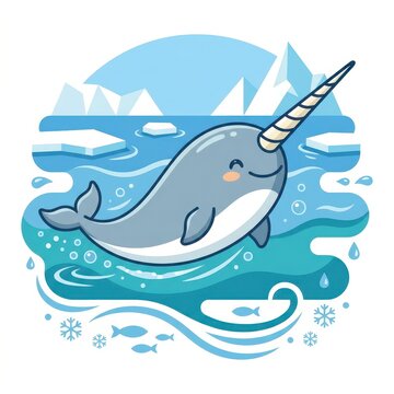 Cute cartoon narwhal swimming in arctic sea