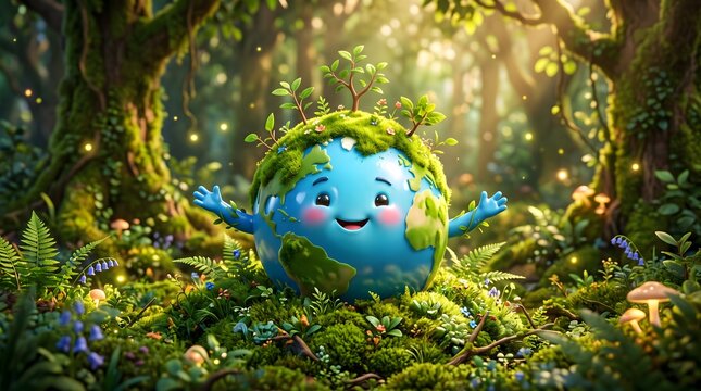 A cute cartoon earth character celebrating smile day in a magical enchanted forest with glowing fireflies and lush green vibrant nature