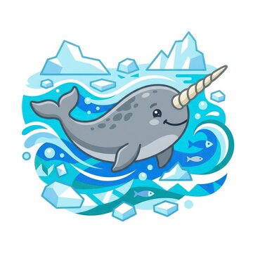 Cute cartoon narwhal in arctic ocean with icebergs