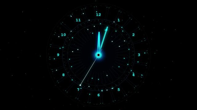 Futuristic Neon Clock Face Countdown Animation with Glowing Particles on a Dark Digital Background