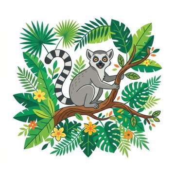 Cute ring-tailed lemur in jungle foliage vector illustration