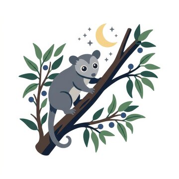 Cute cuscus climbing a tree branch at night