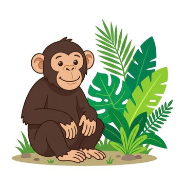 Cute cartoon chimpanzee in the jungle
