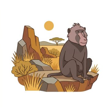 Baboon sitting on rock in African savanna landscape