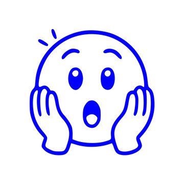 A minimalist blue line art icon of a surprised or shocked face holding its cheeks with both hands.