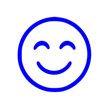 A simple blue line art icon of a smiling face with closed eyes, representing happiness, positivity, and friendliness.