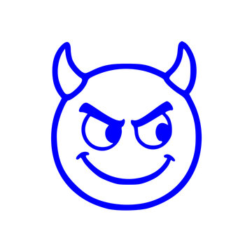 A blue outline cartoon face with devil horns, displaying a mischievous, sinister, or cunning expression.