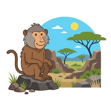 Cute monkey sitting on rock in savannah landscape
