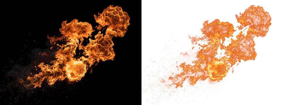 Massive Fireball Explosion realistic orange flame cloud burst design for use with PNG, Transparent and Black Background Versions