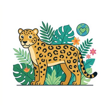 Cute cartoon leopard with tropical leaves and earth