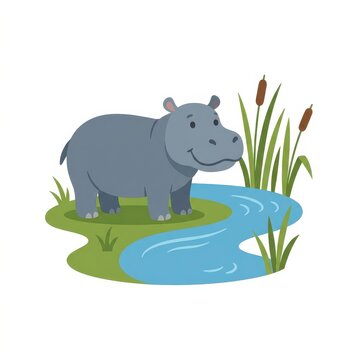 Cute hippo by river cartoon illustration