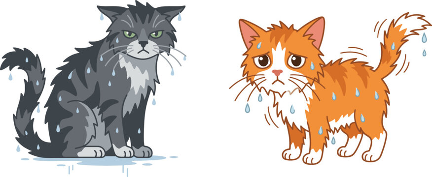 Two cartoon wet cats, a gray tabby and an orange kitten, soaked with water drops and shivering with sad faces, flat vector illustration