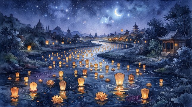 Floating lanterns drift along a river at night near traditional village buildings