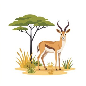 Springbok in African savanna with acacia tree vector illustration