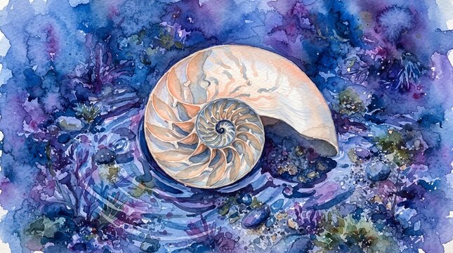 Nautilus shell resting in shallow blue and purple watercolor ocean water