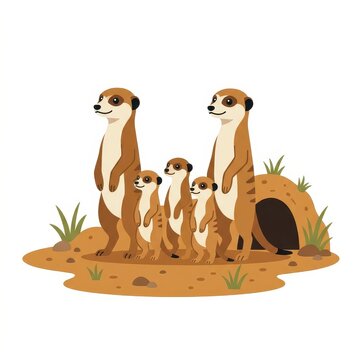 Cute meerkats family standing near burrow